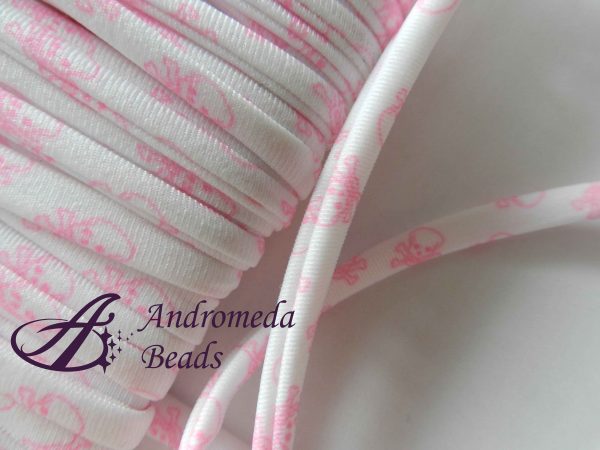 1 Metro Sfuso Fettuccia Tubolare Cucita Lycra 5mm Bianco Teschietti Rosa Neon