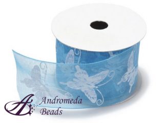 Nastro in Organza con Farfalle 40mm colore Turchese Rotolo 25m