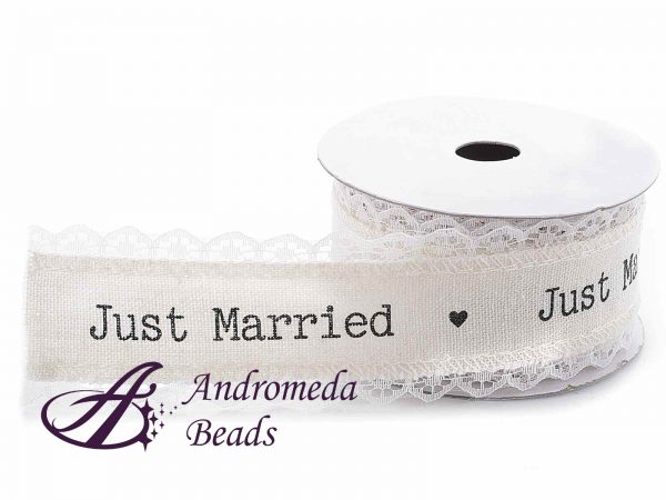 Nastro in Pizzo e Cotone con stampa Just Married 38mm Rotolo 10m