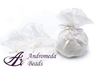 Sacchetto Organza Portaconfetti con Rosellina e Tirante Avorio 9x16cm