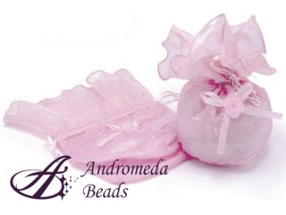 Sacchetto Organza Portaconfetti con Rosellina e Tirante Rosa Confetto 9x16cm